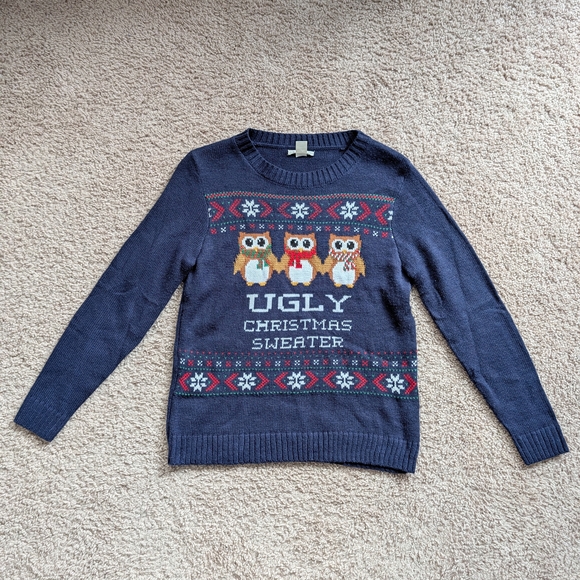 Belle Du Jour Navy Blue Ugly Christmas Owl Snowflake Sweater Size Medium - Picture 4 of 9
